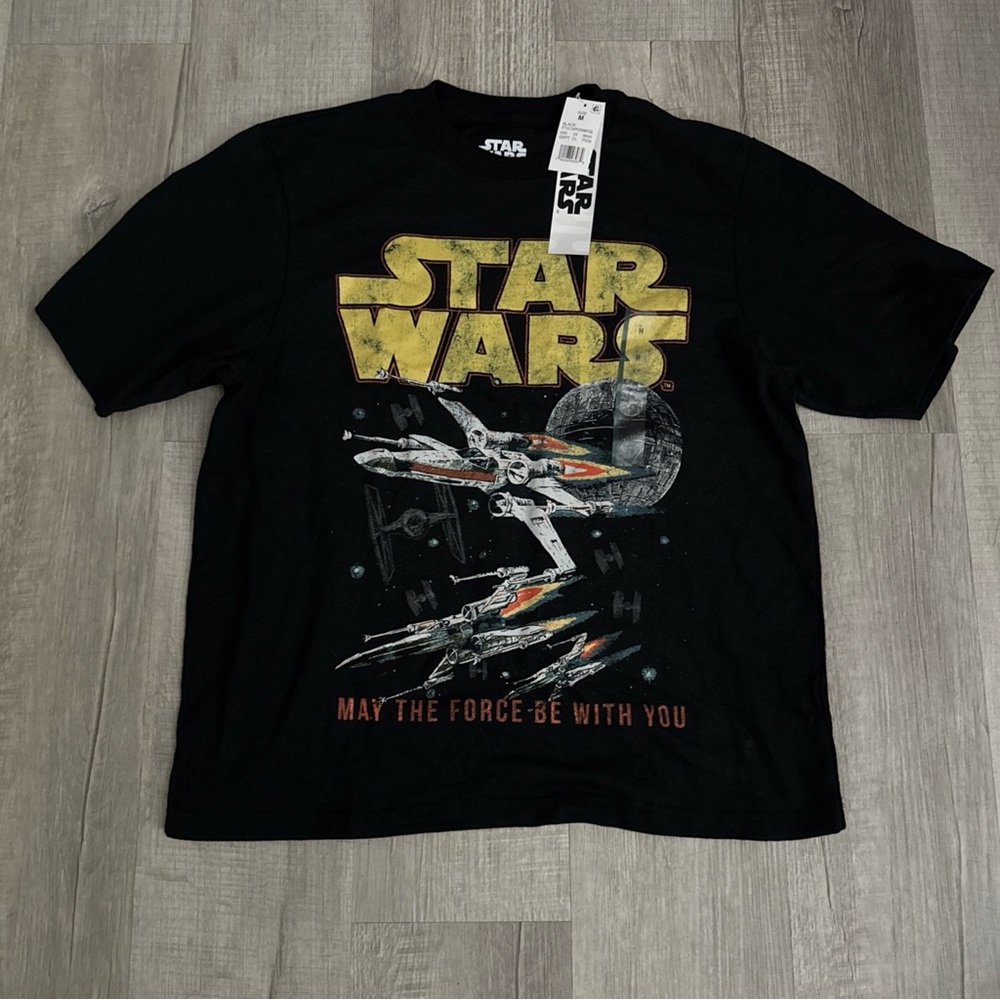 NEW Star Wars Black Tee with Gold and Red Accents X-Wing Tie Fighter Death Star